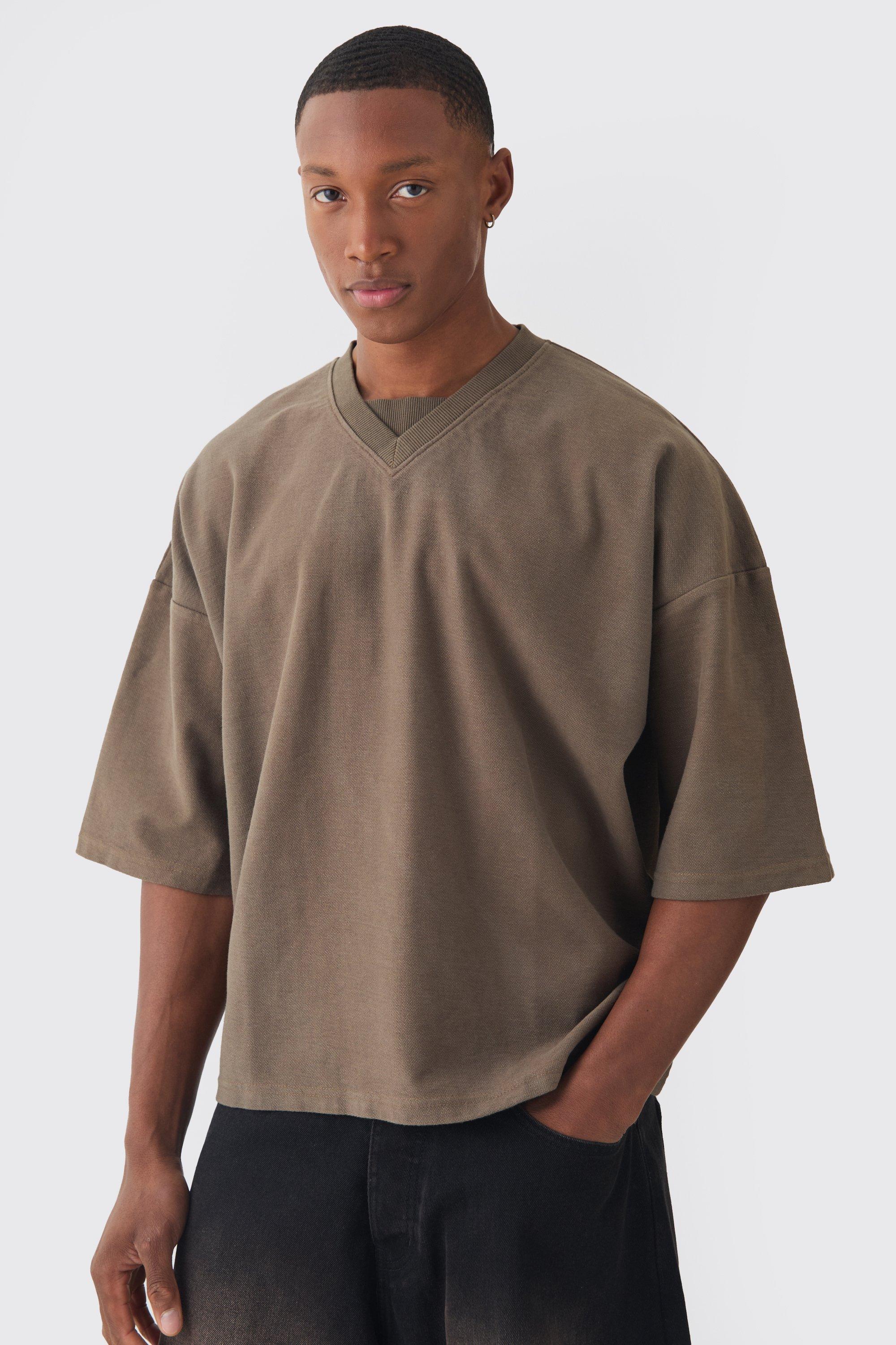 Mens Black Oversized Boxy V Neck Reverse Loopback T-shirt, Black